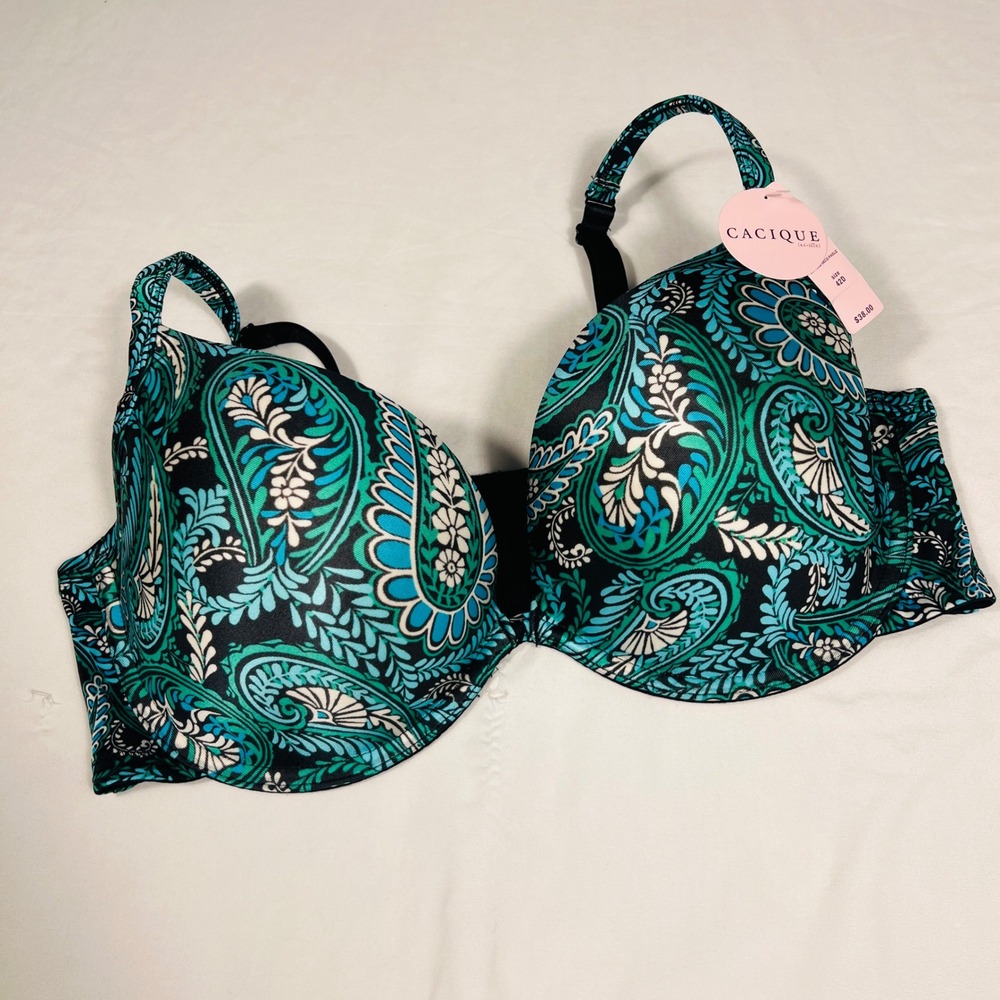 Cacique Smooth Plunge Bra 42D Teal Paisley Convertible Straps NWT